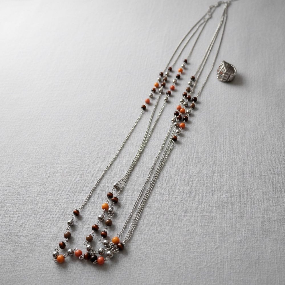 Elegant Multi-Strand Beaded Necklace & expandable ring set